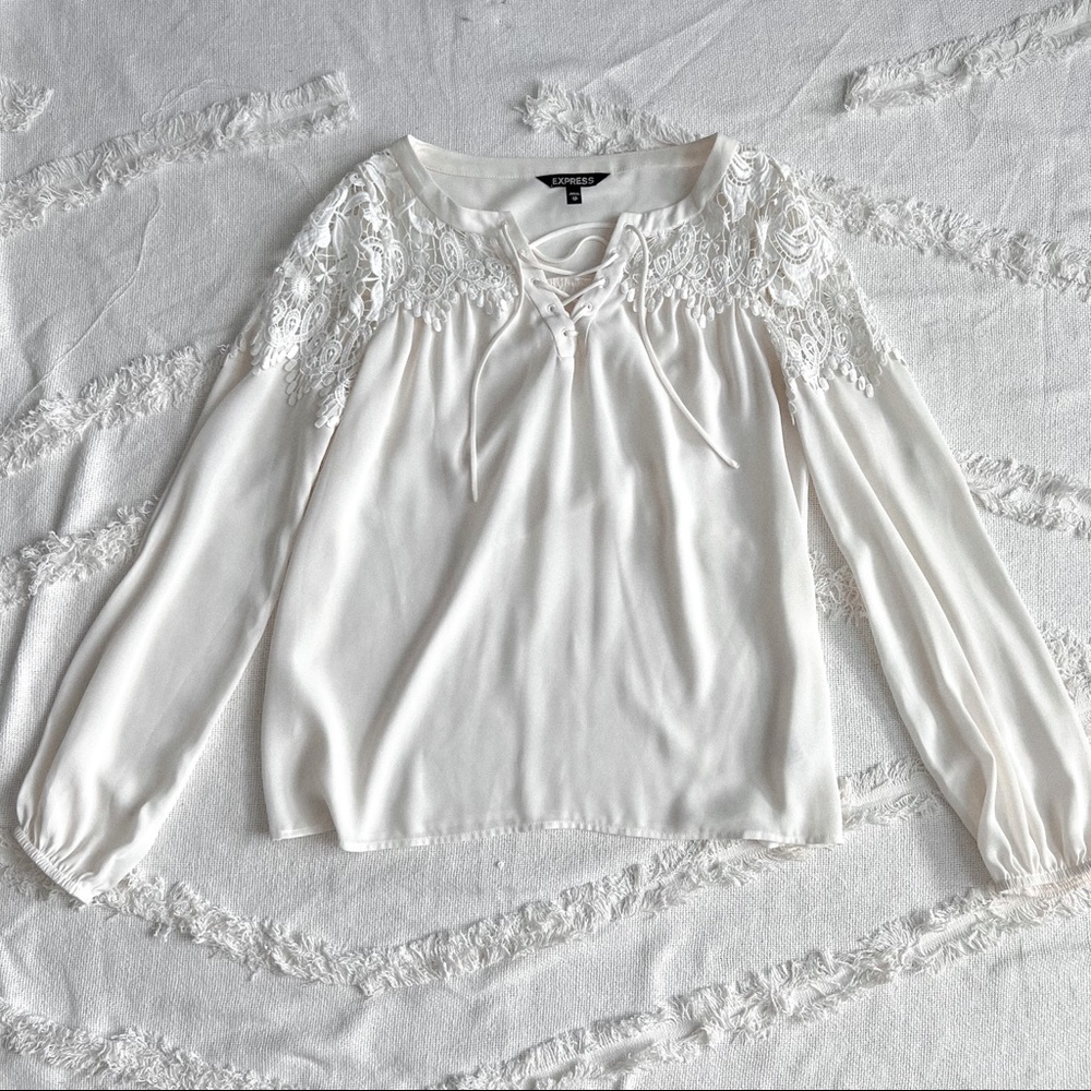 White lace up blouse with lace detail and peasant sleeves